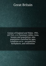 Census of England and Wales. 1901. (63 Vict. c.4.) Summary tables. Area, houses and population; also population classified by ages, condition as to . occupations, birthplaces, and infirmities