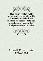 Idea di un teatro nelle principali sue parti simile a` teatri antichi all`uso moderno : accomodato con due discorsi . opera dell` insigne Andrea Palladio