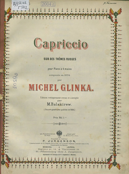 Capriccio sur des themes russes pour piano e 4 ms, comp. en 1834 par M. Glinka