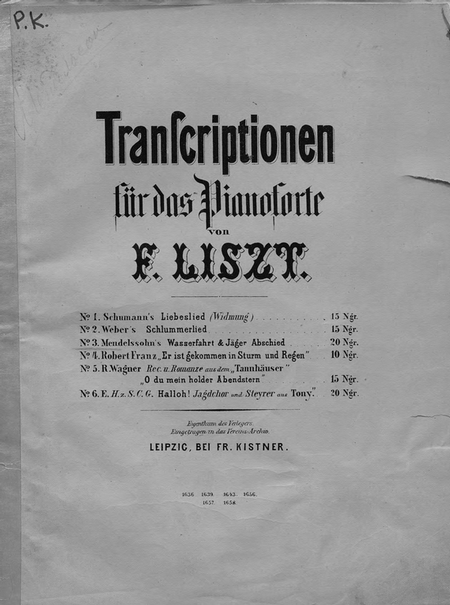 Mendelssohn`s Wasserfahrt & Jager Abschied fur das Pianoforte ubertragen v. F. Liszt