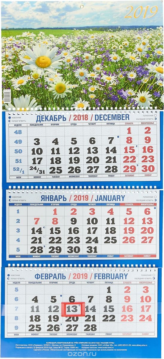 Солнечная поляна. Настенный трехблочный квартальный календарь на 2019 год
