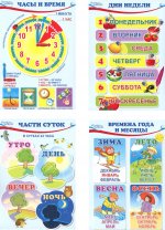 Комплект познавательных мини-плакатов. Математика. Ориентировка во времени (4л. А4+текст на обороте)