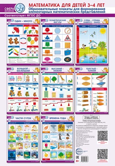 Сфера математики. Математика для детей 3-4 лет. Комплект из 8 образовательных плакатов формата А3
